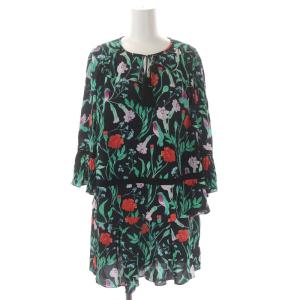 NJMU7771 フラワープリント オールインワン ショートパンツ 七分袖 リボン Vネック 2 黒 マルチカラー ブラック