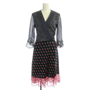 総柄ラップデザインワンピース ひざ丈 七分袖 シルク 2 紺 ネイビー ピンク