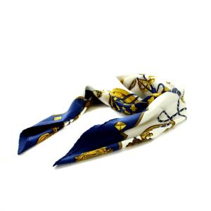 LES CLES スカーフ カレ90 鍵柄 絹 シルク 紺 ネイビー 白 ホワイト ゴールド色 OH