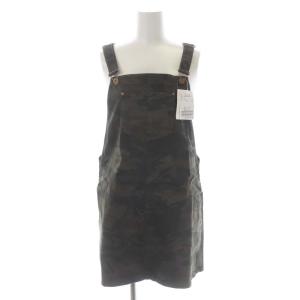 迷彩プリントサロペット ジャンパースカート ミニ丈 ストレッチ 金ボタン F カーキ マルチカラー