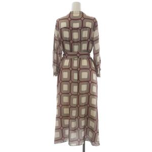 Grace Class 21AW サテンジオメトリックドレス ワンピース ロング 長袖 九分袖 総柄 スキッパー 36 グレージュ マルチカラー