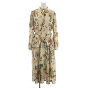 21AW サテンボタニカルシャツワンピース ロング 長袖 フリルカラー 総柄 36 イエローベージュ マルチカラー