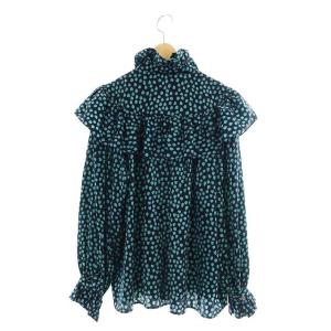 YVES SAINT LAURENT ブラウス フリル 総柄 長袖 M 紺 緑 ネイビー グリーン