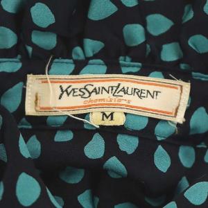 YVES SAINT LAURENT ブラウス フリル 総柄 長袖 M 紺 緑 ネイビー グリーン