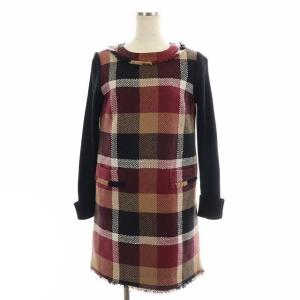 ワンピース 袖ニット切替 チェック ミニ 長袖 36 黒 ボルドー 茶