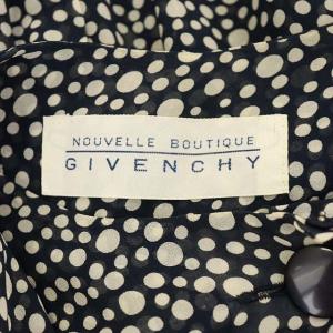 GIVENCHY NOUVELLE BOUTIQUE スカーフ付き ドット ブラウス 前開き 長袖 シルク 12 紺 白 ネイビー ホワイト