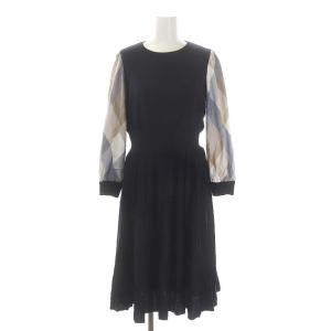 袖チェックニットワンピース ロング 長袖 38 紺 ネイビー マルチカラー