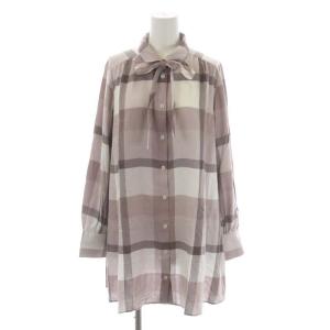 チェックエアリーツイルブラウス シャツ チュニック 長袖 38 ピンクベージュ 茶色 オフホワイト