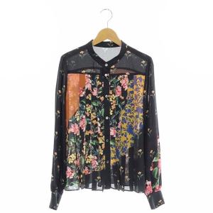 22SS タックプリーツブラウス シャツ 前開き 長袖 バンドカラー 36 黒 マルチカラー