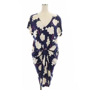 ワンピース 総柄 膝丈 フレンチスリーブ シルク 6 紺 オフホワイト ピンク