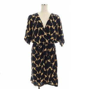 カシュクールワンピース 総柄 膝丈 半袖 6 黒 ベージュ ブラック