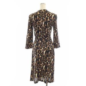 DIANE von FURSTENBERG レオパード柄ワンピース ミモレ丈 ロング 八分袖 シルク 4 茶色 黒 ライトベージュ