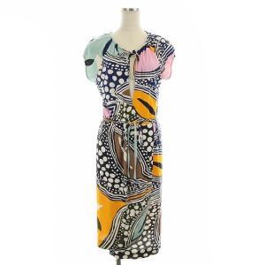 フレンチスリーブ総柄ワンピース 膝丈 シルク 4 マルチカラー