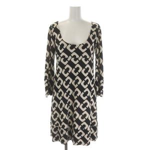 Uネック総柄ワンピース 膝丈 長袖 シルク 2 黒 ブラック オフホワイト