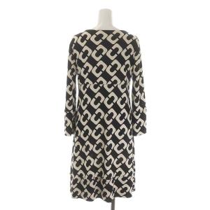 DIANE von FURSTENBERG Uネック総柄ワンピース 膝丈 長袖 シルク 2 黒 ブラック オフホワイト