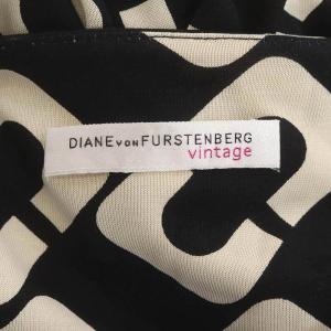 DIANE von FURSTENBERG Uネック総柄ワンピース 膝丈 長袖 シルク 2 黒 ブラック オフホワイト