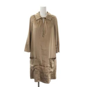 Vネックワンピース ミニ 八分袖 シルク 4 カーキブラウン