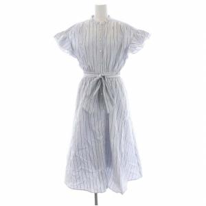 22AW アソートシャツラッフルスリーブワンピース ストライプ ロング 半袖 バンドカラー 36 ライトブルー 濃紺 オフホワイト