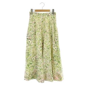 23SS ボタニカルフラワープリント フレアスカート ロング リネン混 36 緑 ピンク アイボリー