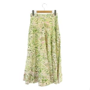 ANAYI 23SS ボタニカルフラワープリント フレアスカート ロング リネン混 36 緑 ピンク アイボリー