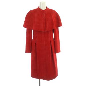ケープ付きワンピース ロング 長袖 チェック柄 40 レッド ホワイト