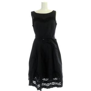 カットワーク 刺繍ワンピース ノースリーブ ロング フレア ギャザー ボートネック チュール 38 黒 ブラック