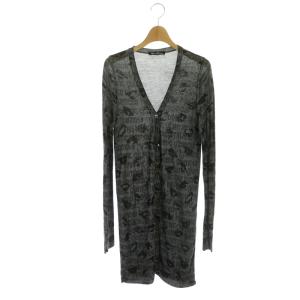 ウールリネン混 リップ柄 ロングカーディガン ニット Vネック 長袖 F グレー ダークブラウン