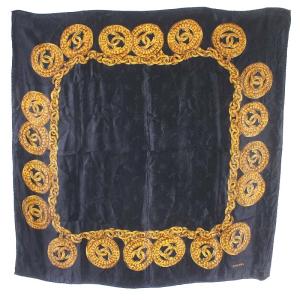 ヴィンテージ スカーフ ココマーク チェーン柄 シルク ブラック ゴールド色