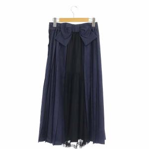 franche lippée デニムチュールプリーツスカート ロング フレア バックリボン レース M 紺 ネイビー