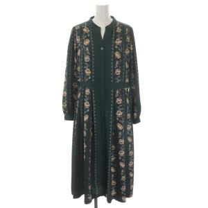ラインプリントワンピース 花柄 ロング 長袖 38 ダークグリーン