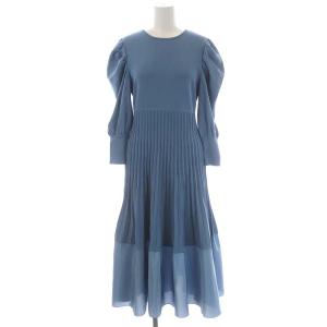 23SS ドッキングプリーツ切り替えワンピース ニット ロング 長袖 38 サックスブルー