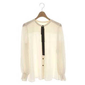 21AW ジョーゼットボタンハイショクブラウス 長袖 バンドカラー シアー 38 オフホワイト 黒 ブラック