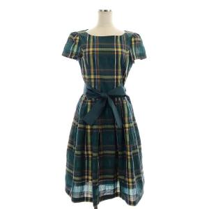 チェック ワンピース ひざ丈 半袖 リボンベルト付き 38 緑 グリーン