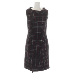 ステッチチェックワンピース ミモレ丈 ロング ノースリーブ 38 黒 白 赤