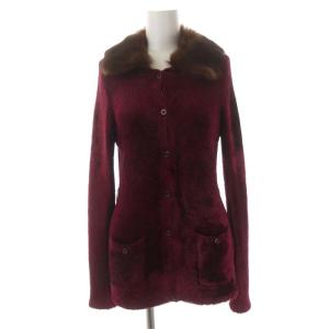 ファー付きカーディガン 長袖 ミドル丈 スリム 9 ボルドー 茶色 ブラウン