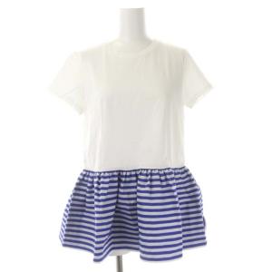 ボーダーペプラムTシャツ カットソー チュニック 半袖 36 白 ホワイト 青 ブルー