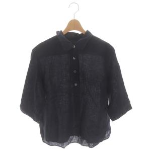 リネン 丸襟シャツ プルオーバー 七分袖 2 紺 ネイビー