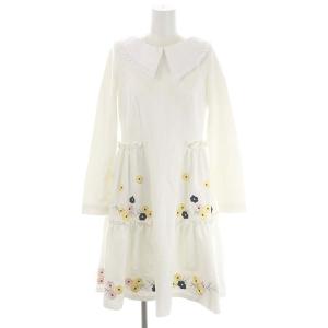 21SS ティアード刺繍ワンピース ロング 長袖 付け襟 0 白 ホワイト マルチカラー