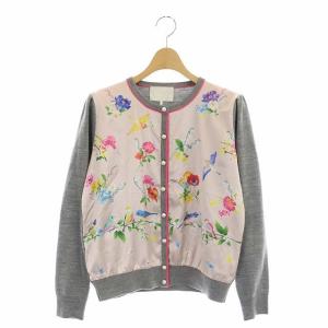 バードフラワーカーディガン ニット 切替 長袖 F グレー ピンク