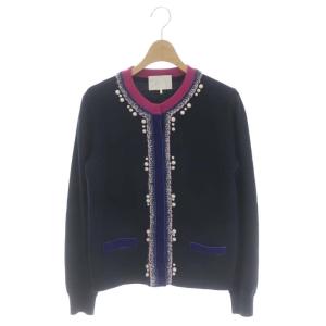 カーディガン パール 切替 ベロア 長袖 ウール F 紺 ネイビー