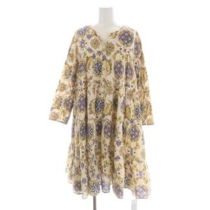 ティアードプリントワンピース 膝丈 長袖 スキッパー 総柄 36 ライトベージュ マルチカラー