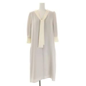 ボウタイAラインワンピース ミモレ丈 ロング 七分袖 38 ライトグレー