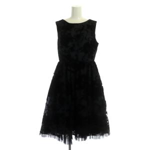 チュールプリントワンピース ミモレ丈 ロング ノースリーブ フレア 38 濃紺 黒 ダークネイビー ブラック