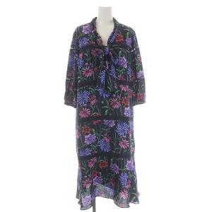 フラワープリントレースボーダワンピース ロング 七分袖 ボウタイ 総柄 38 濃紺 ダークネイビー マルチカラー