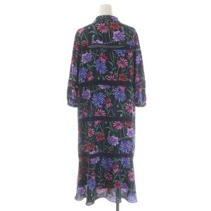 GRACE CONTINENTAL フラワープリントレースボーダワンピース ロング 七分袖 ボウタイ 総柄 38 濃紺 ダークネイビー マルチカラー