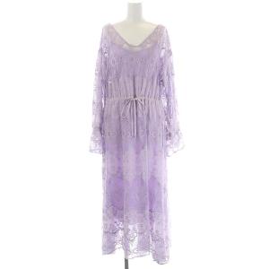 23SS 刺繍レースワンピース ロング 長袖 シアー ウエストマーク 36 紫 パープル