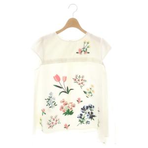 フラワー刺繍 トップス キャップスリーブ カットソー シースルー フレア 1 白 ホワイト マルチカラー
