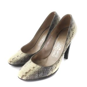 パンプス ハイヒール パイソン 本革 7 24.5cm ベージュ グレー