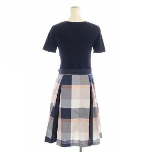 BLUE LABEL CRESTBRIDGE リブニット チェック 切替 ワンピース 膝丈 半袖 ベルト付き 38 紺 グレー ピンクベージュ