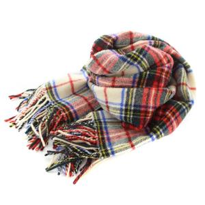 チェック柄 大判ストール フリンジ 白 ホワイト 赤 レッド